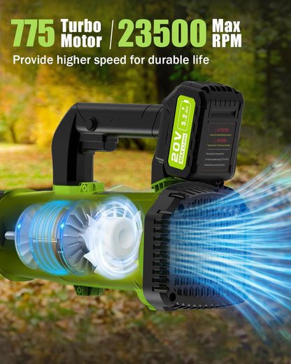 Electric Leaf Blower Cordless 530CFM - 2 X 5.2Ah Batteries and Fast Charger, 20V Lightweight Handheld Battery Leaf Blower with 7-Speed Control, 2 Extended Tubes for Yard, Lawn & Garden