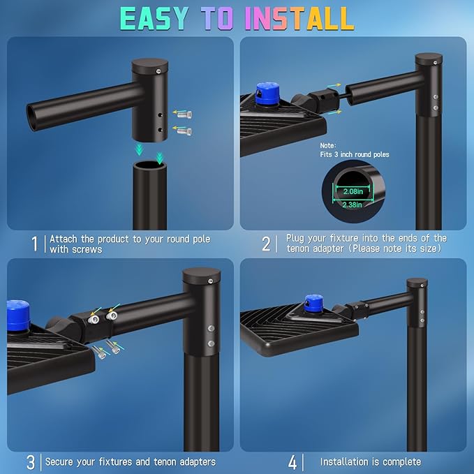 Single Street Light Bracket Adaptor, Sturdy Steel Round Pole Mounting Arm for LED Parking Lot Lights 2 3/8" Top Spoke Extension Pole Mount Bracket for Commercial Slip Fit Shoebox Lighting