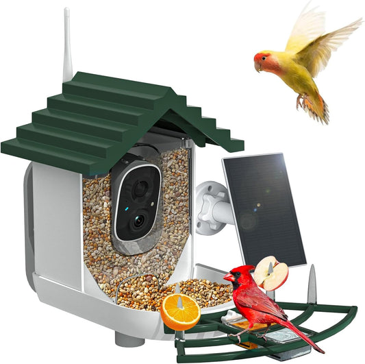 Smart Bird Feeder with Camera Solar Powered & AI Bi rd Identification, 2.4Ghz WiFi Bird feeders for Outdoors, 2K Live Video, Nstant Arrival Alerts - Best Gifts for Bi rd Lovers - Green