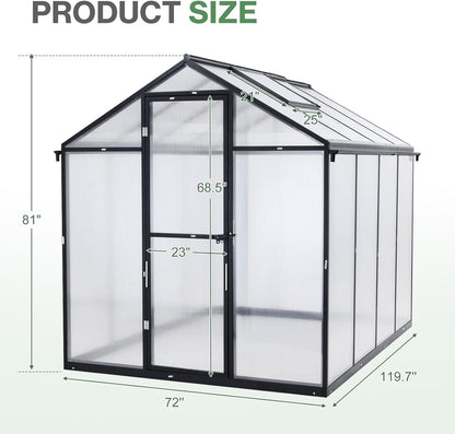 Aoodor 6 x 10 Ft Walk-in Greenhouse with Gutter, Polycarbonate and Heavy-Duty Aluminum Frame, Adjustment Skylight and Lockable 2-Sided Door for Patio, Outdoor, Yard, Lawn Use, Black