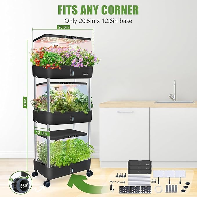 66-Pod Indoor Hydroponic Growing System + 3 Free Seeds Starter Kit (Lettuce, Salad Mixed, Basil Seeds) – Dual 53W Full-Spectrum LED, 10-L Water Tank, 3-Tier Grow Pods