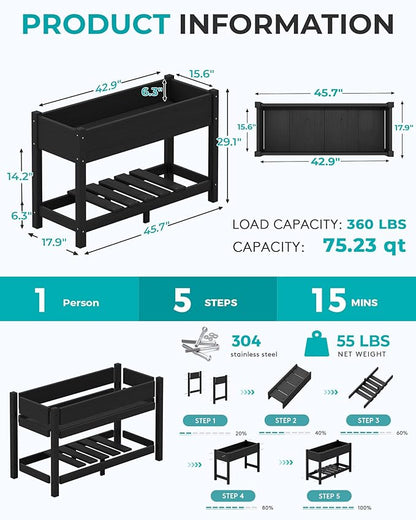 SERWALL Raised Garden Bed, HDPE Raised Bed for Gardening All Weather Use- Black