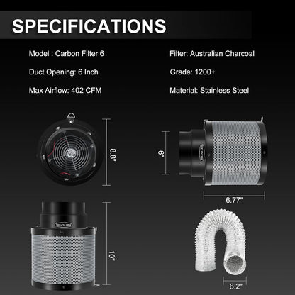 MELONFARM Air Filtration Kit 6", Built-in 14cm Fan Low Nois Carbon Filter with 12-Speed Controller, 8' Ducting, Cooling & Ventilation System for Grow Tents, Indoor Gardening, Hydroponics