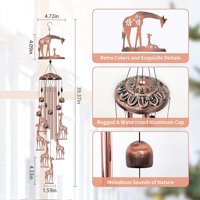 Giraffe Wind Chimes for Outside, Large Giraffe Gifts for Women, Memorial Giraffe Wind Chime, Metal Giraffe Decor, 40" Outdoor Garden Decor for Lawn, Porch, Patio, Yard