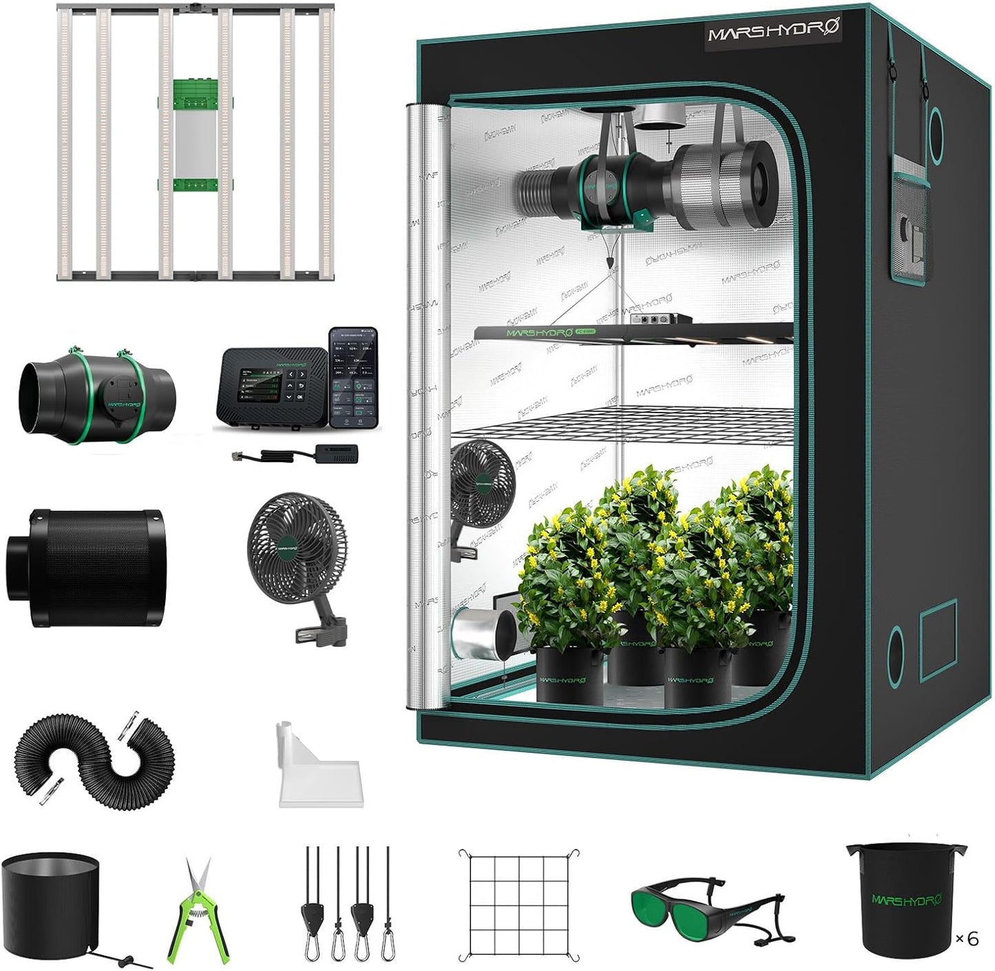Mars Hydro 4x4 Smart Grow Tent Kit Complete System with Smart Controller 43,480W FC-E4800 Dimmable Light 2646Pcs LED,48"x48"x80" 1680D High Reflective Mylar,6inch Smart WiFi Control Ventilation Kit