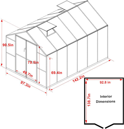 BlueWish 8x12FT Greenhouse for Outdoors, Greenhouses with 2 Adjustable Vents,Aluminum Frame, Heavy Duty Greenhouse Kit with Polycarbonate Panel, Walk-in Green House for Garden, Gray