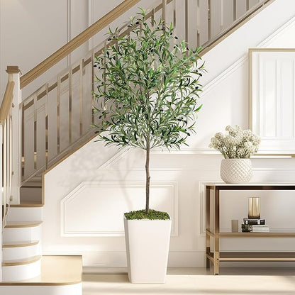 Olive Trees Artificial Indoor 6ft, Tall Faux Silk Plant with Pot, Realistic Leaves and Natural Wood Trunk Fake Trees with Lifelike Fruits for Home Office Decor Bedroom Livingroom Entryway Housewarming