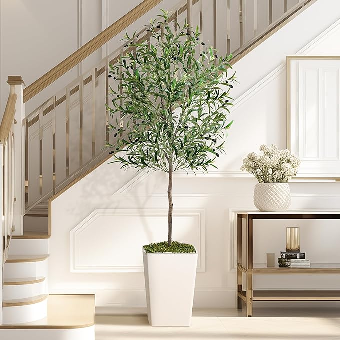 Olive Trees Artificial Indoor 6ft, 2 PCS Tall Faux Silk Plant with Pot, Realistic Leaves and Natural Wood Trunk Fake Trees with Lifelike Fruits for Home Office Decor Bedroom Livingroom Entryway
