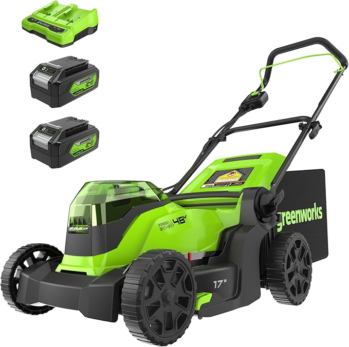 Greenworks 48V (24V x 2) 17" Brushless Cordless Push Lawn Mower, Includes (2) 4.0Ah Batteries and Dual Port Rapid Charger((150+ Compatible Tools, 45Min Runtime)