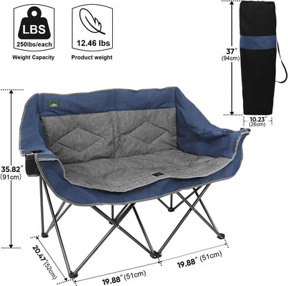 Northroad Folding Loveseat Camping Chair Portable Double Duo Full Padded Garden Chair for 2 Person Sofa w/2 Cup Holder,Wine Glass Holder,Support 600lbs for Picnic Beach Travel (Blue)