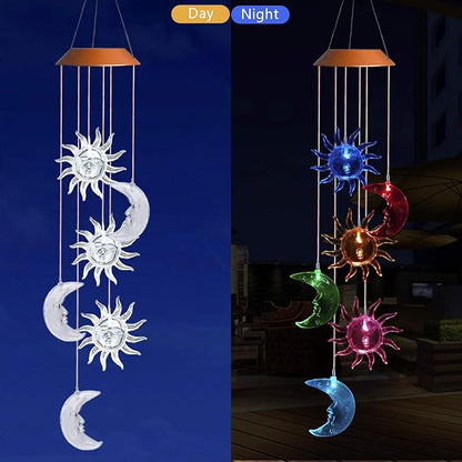 ME9UE Solar Powered Wind Spinner Light, 3 Suns and 3 Moons with 7 Colors Changing Wind Light, Waterproof Hanging Wind Chime Lamp Mobile Suspended Lights for Home Outdoor Garden Lighting Decor