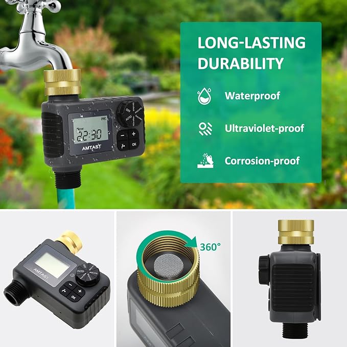 Sprinkler Timer with Brass Swivel Programmable Water Timer with Rain Delay/Manual/Automatic Drip Irrigation Function Watering System for Yard Crops Lawns Pool, 1 Outlet