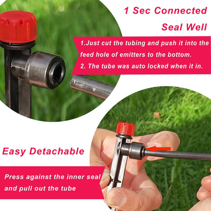 30pcs Drip Irrigation Emitters - Push-to-Quick Connect to 1/4" Tube - Adjustable 360 Degree Drippers Emitters Vortex on 5.3" Stakes-Garden Watering System (Red Emitters Stream-30PCS)