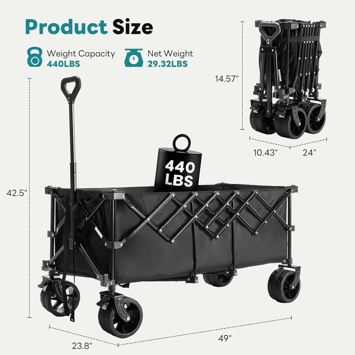OLIXIS Collapsible Wagon Cart - 440lbs Foldable Extra Long Heavy Duty Utility Wagon with Wheels, Portable Storage Grocery Cart for Camping, Shopping, Sports, Beach, Garden (Black, 48" L)
