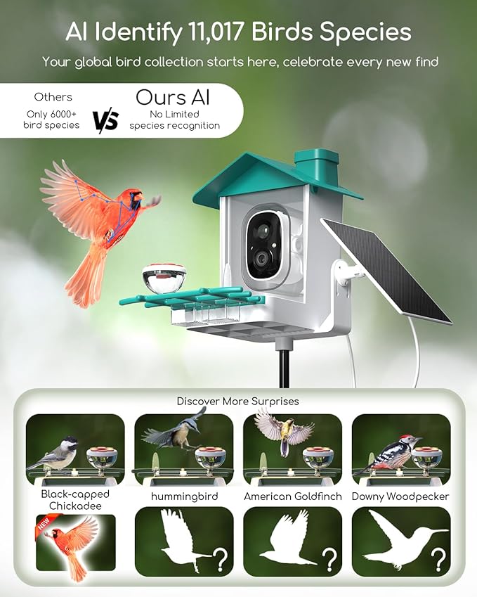 COOAU 2K Smart Bird Feeder with Camera Solar Powered, Outdoor Bird House Cam with 11,000+ AI Birds Species Identification, 3MP HD Live Video Watching, Instant Notifications,Ideal Gift for Bird Lovers