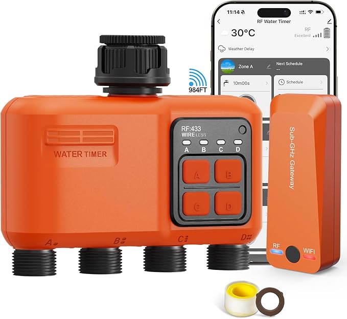 Smart WiFi Sprinkler Timer 4 Zone,WiFi Water Timer for Garden Hose with 984 FT Range,APP & Remote Control,Alexa & Google Voice Compatible,Rain Delay, Manual Mode Sprinkler System