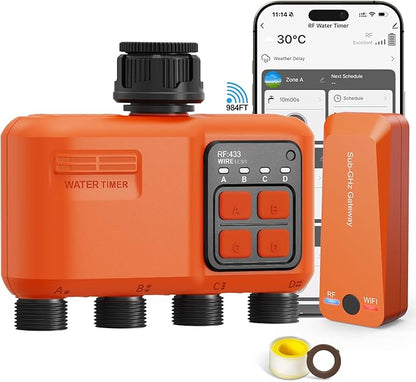 Smart WiFi Sprinkler Timer 4 Zone,WiFi Water Timer for Garden Hose with 984 FT Range,APP & Remote Control,Alexa & Google Voice Compatible,Rain Delay, Manual Mode Sprinkler System