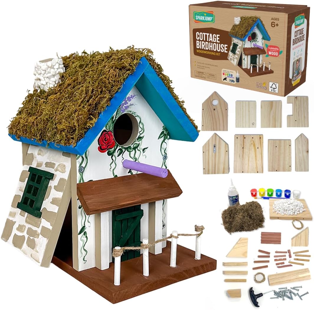 SparkJump Cottage Birdhouse Kit - Easy DIY Bird House for Outdoors, Cedar Roof & Front Porch, Natural Stones, FSC Certified Wood, Fun Family Crafting Project
