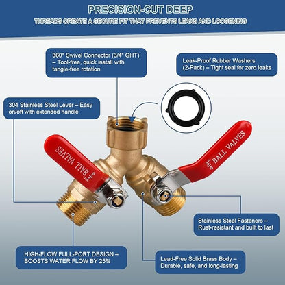 Heavy Duty Brass Garden Hose Splitter – 2 Way Y Valve with Leak-Proof Design & Stainless Steel Long Handle, 3/4" Hose Connector for Precise Flow Control
