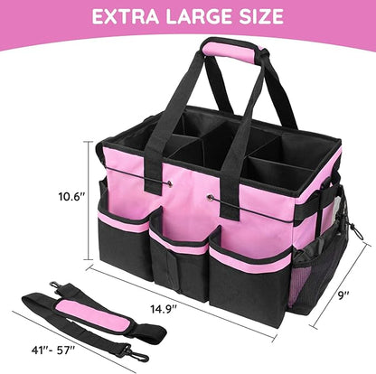 ZKOO Large Cleaning Caddy Bag with Handle, Built-in Sturdy Support Board, Adjustable Shoulder Strap, Multi-compartment Design Cleaning Supply Tote for Cleaners & Housekeepers (Pink)