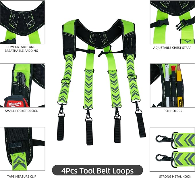 KUNN Tool Belt Suspenders Reflective - Heavy Duty Construction Reflective Safety Suspenders for Carpenter Electrician