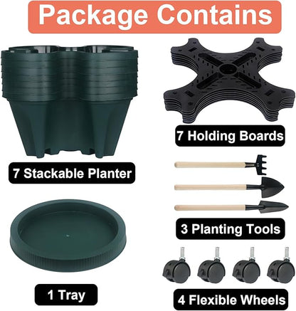 Vertical Planter 7 Tier Stackable Planters Garden Planters Strawberry Herb Flower and Vegetable Planter Indoor Outdoor Gardening Pots with Removable Wheels and Tools