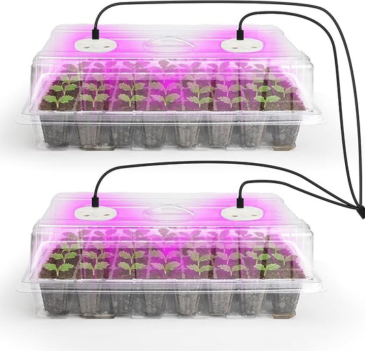 Bonviee 2-Pack Seed Starter Tray with Plant Light, Elevated Seedling Starter Trays Kits with Adjustable Humidity Domes and Clear Cell Tray, 12 Full Spectrum Led Lamp Beads for Plants Indoor-Clear