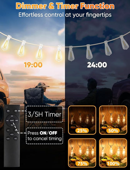 Brightever Outdoor String Lights with Remote, 200FT LED Patio Lights with 62 ST38 LED Filament Bulbs, 3 Lighting Modes, 3H/5H Timer, Waterproof IP65 String Light for Outside, E12 Socket Base, White