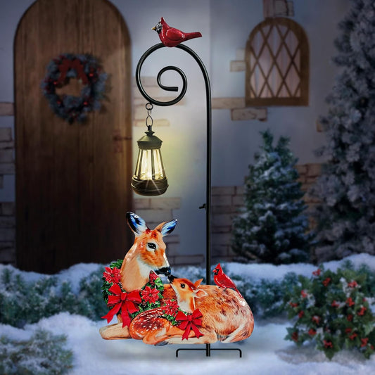 Deer Metal Garden Stake with Solar Lantern,Christmas Decorations Outdoor Waterproof Sloar Lights Outside,Doe and Fawn Outdoor Statue