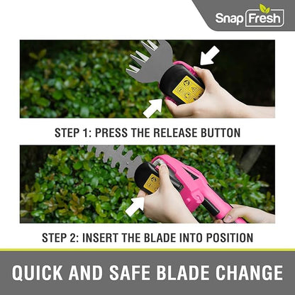 SnapFresh Cordless Grass Shears, 2-in-1 Handheld Hedge Trimmer, 7.2V Electric Grass Trimmer, Lightweight & Portable Hedge Shear with Charger, Shrubbery Trimmer for Garden Yard Lawn(Pink)