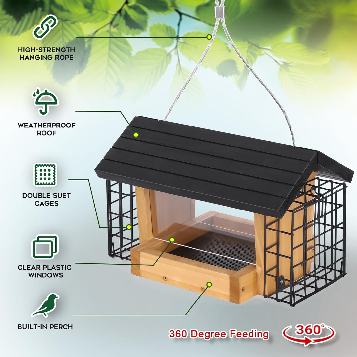 Hopper Bird Feeder for Outdoors Hanging, Wooden Bird Feeder with Double Suet Cage and Large Seed Capacity, Cedar Wood Suet Feeder with Weatherproof Roof, Garden Decoration