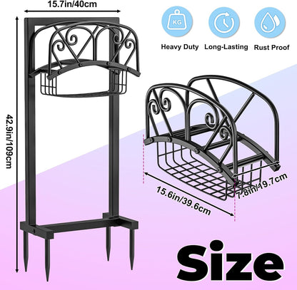 Garden Hose Holder, 4 Spikes Freestanding Water Hose Holder Reels, Heavy Duty Detachable Hose Stand with Storage Basket for Outside Yard Lawn (A-4 Spikes)