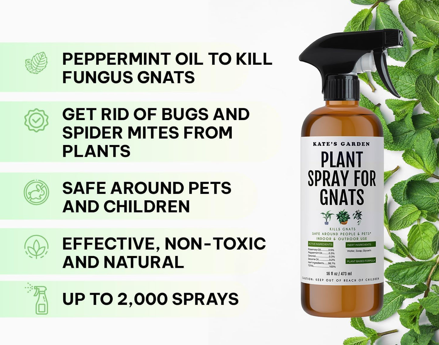 Kate's Garden Plant Spray for Insects & Getting Rid of Gnats. Fungus Gnat Killer & Bug Spray for Indoor Plants (16oz, Pet Safe, Non Toxic)