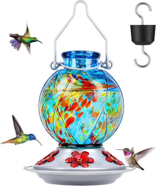 Hummingbird Feeder, BOLITE Glass Hummingbird Feeders for Outdoors Hanging, Hand Blown, with Ant Moat and Five Feeding Ports, Meshy Texture Ball Shape Bottle, 20 Ounces, Blue, Gifts for Women Men