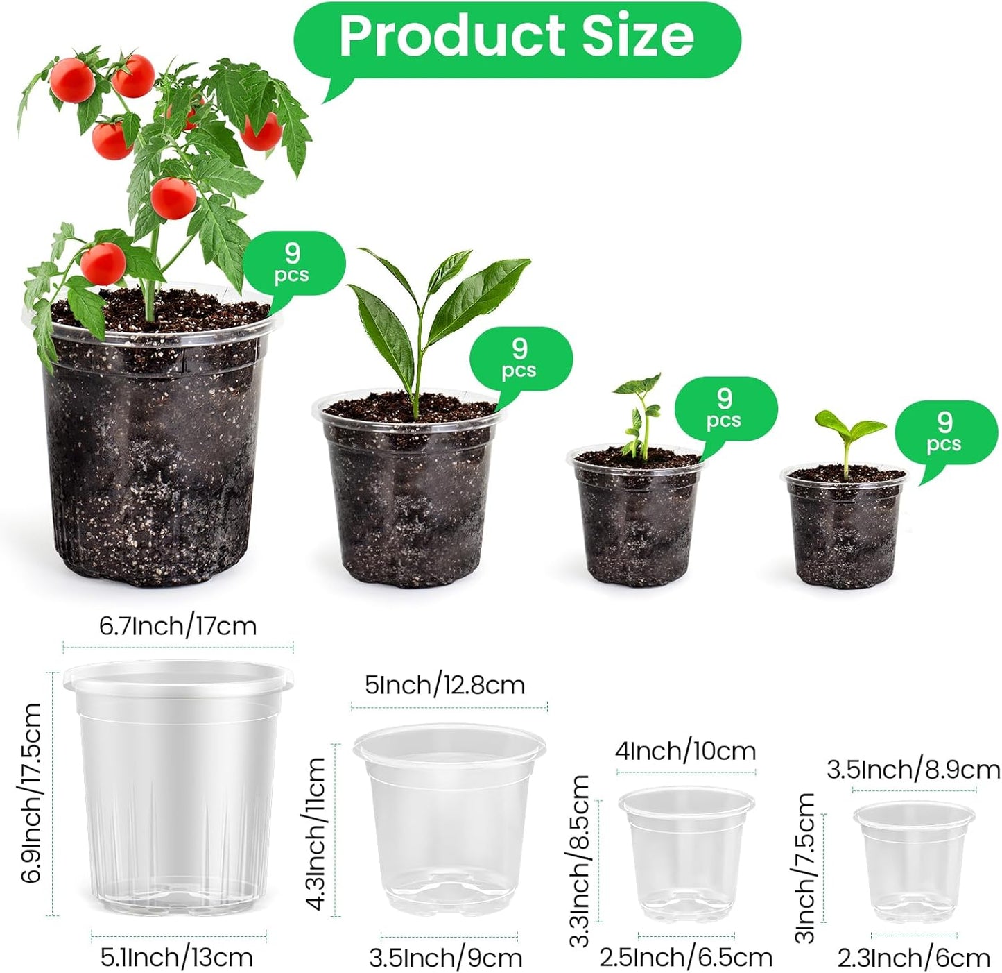 36 Packs 6.7/5/4/3.5 Inch Reinforced Clear Nursery Pots with Drainage Hole, Transparent Variety Pack Plastic Plant Pot Seedling Planter Seed Starter Flower