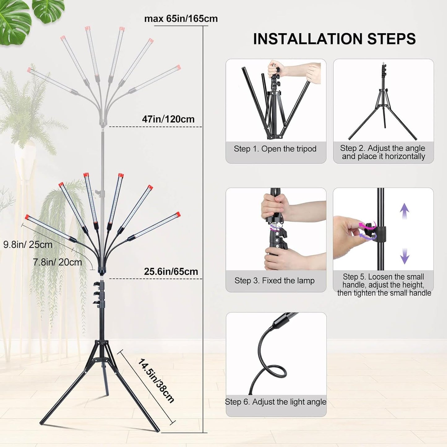 54 Watt Grow Lights for Indoor Plants with Stand, Standing Tall Plant Light with 4,8,12 Hr Timer, Full Spectrum Bonsai Tree Grow Light, 24"-64" Adjustable Tripod Stand Plant Growing Lamps