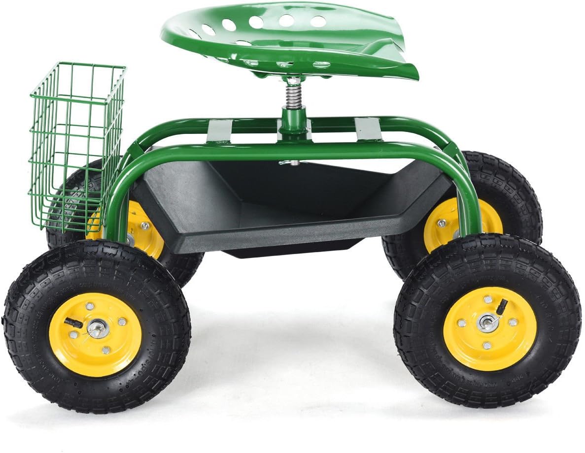Giantex Rolling Garden Work Seat, 360 Swivel Gardening Workseat with Wheels, Tool Basket, Adjustable Height, Outdoor Scooter for Sitting, Gardening Stool Chair for Planting Trimming, Green