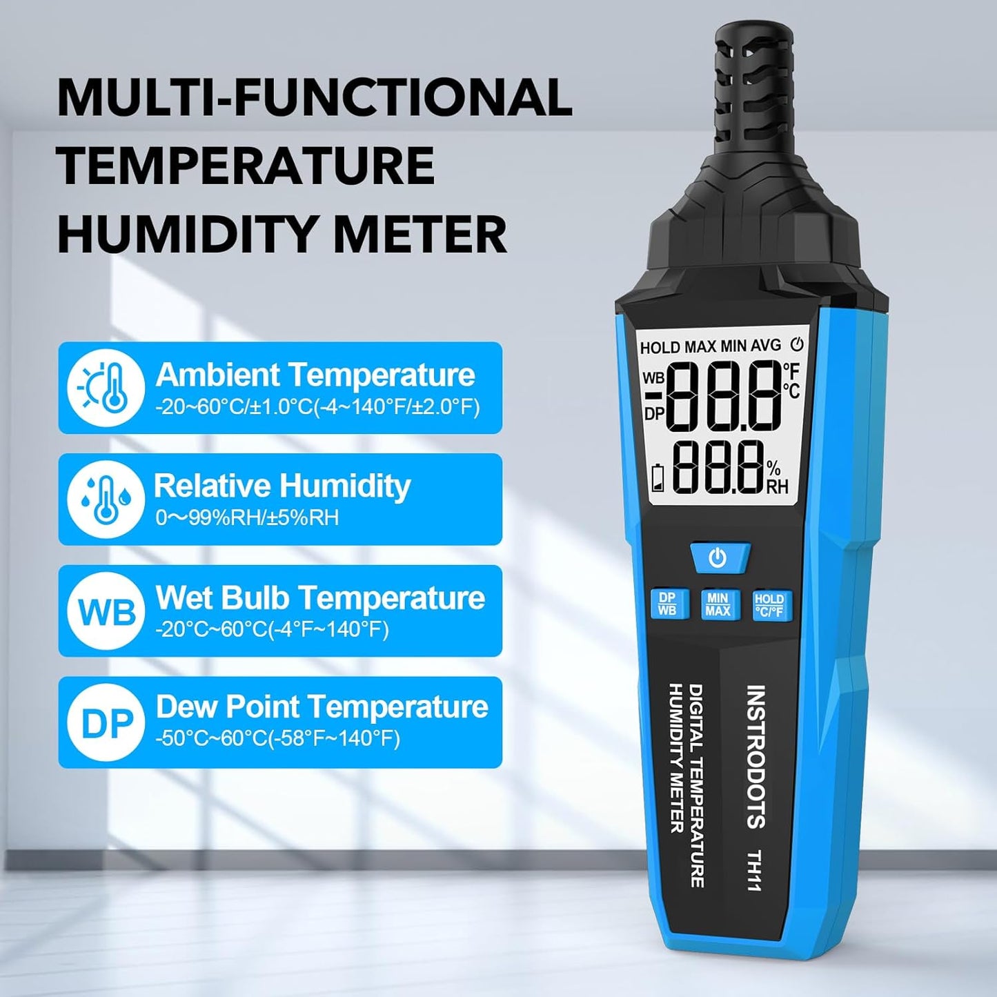 Temperature Humidity Meter, High Precision Digital Hygrometer with Ambient, Dew Point, Wet Bulb Temperature for Indoor Outdoor, Thermometer with Min/Max, Data Hold, LCD Backlight, TH11