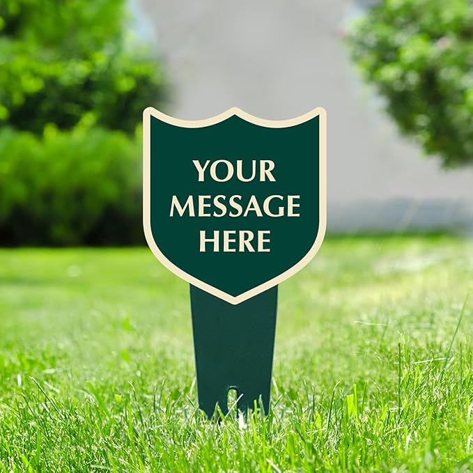 SmartSign Custom Designer Yard Stake Sign - Add Your Message, 6"x12", Vintage Shield Shape, 120 mil Aluminum Composite Sign w/Overcoat for Outside, Integrated Ground Stakes, Reflective Option, USA-Made