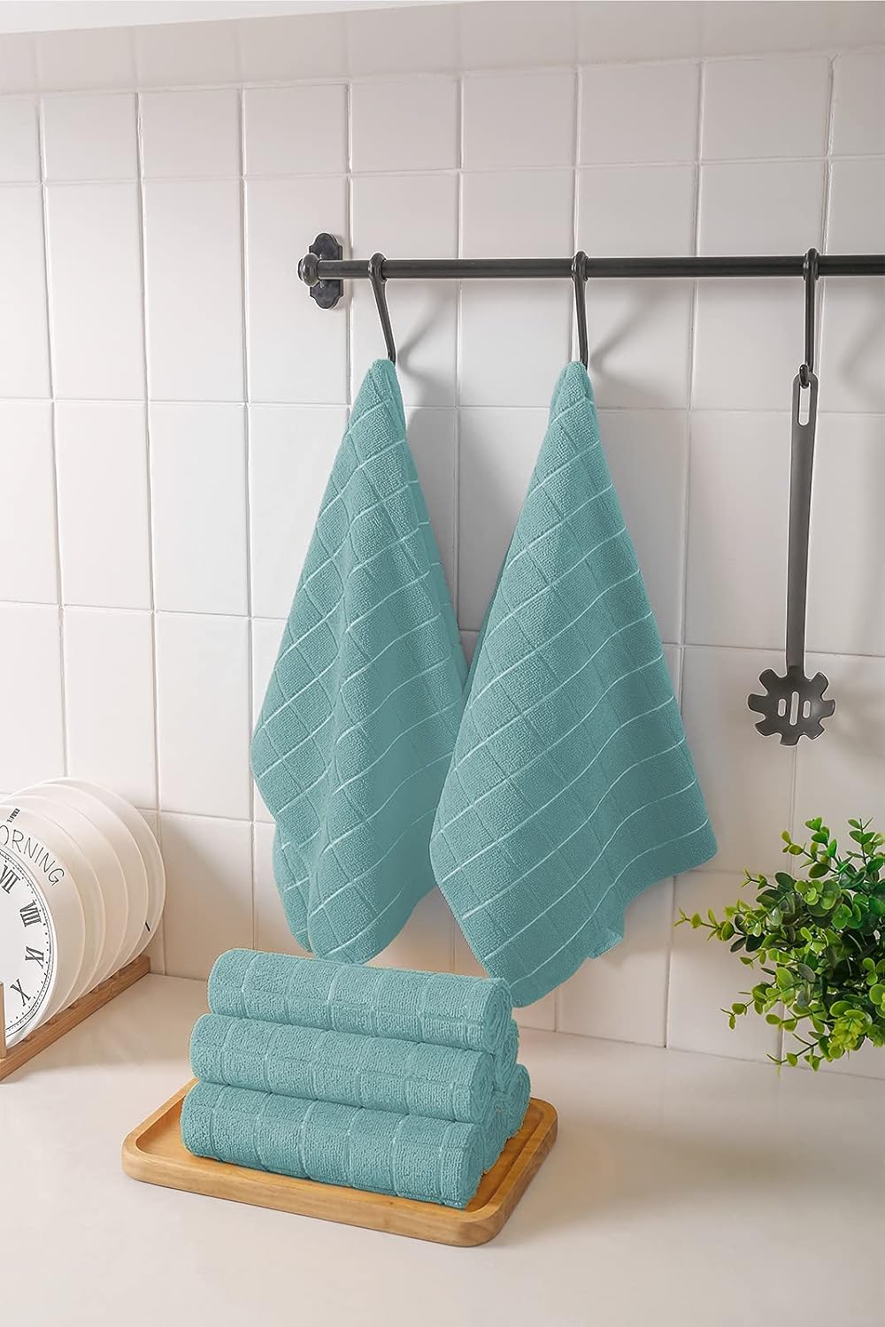 Microfiber Dish Towels - Soft, Super Absorbent and Lint Free Kitchen Towels - 8 Pack (Lattice Designed Lake Blue Colors) - 26 x 18 Inch