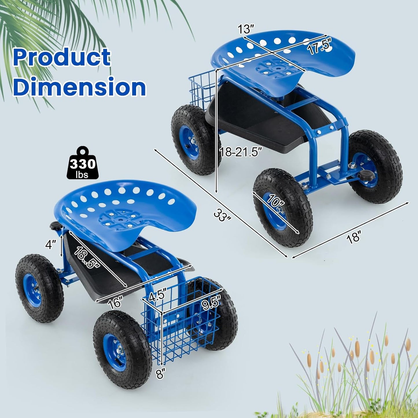 Giantex Garden Workseat, 360 Swivel Rolling Seat with Wheels, Tools Basket, Gardening Cart with Seat, Adjustable Height, Wagon Scooter for Patio Lawn Yard, Outdoor Steerable Stool (Blue)