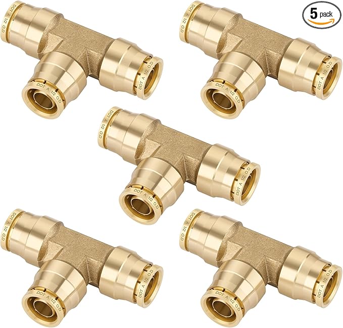 1/2" Quick Push to Connect Fittings Brass Union Tee Shaped Joint DOT Approved 1/2 Inch OD 3 Way Tube Air Line Adapter Air Spring Suspension Kit for Car Truck Trailers and Air Brake System 5pcs
