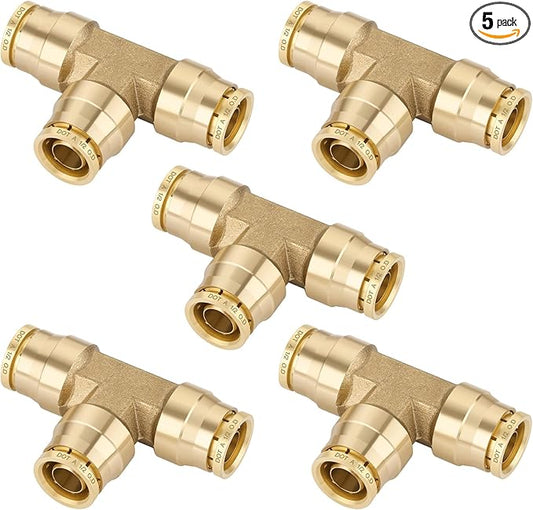 1/2" Quick Push to Connect Fittings Brass Union Tee Shaped Joint DOT Approved 1/2 Inch OD 3 Way Tube Air Line Adapter Air Spring Suspension Kit for Car Truck Trailers and Air Brake System 5pcs