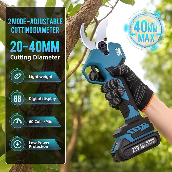 Electric Pruning Shears Cordless,1.6" Brushless Power Pruner with 2x2.0Ah Batteries,21V garden shears 2.5" Max Opening with LCD Display & 3 Pairs SK5 Blade for Tree Trimming,Branch Cutting