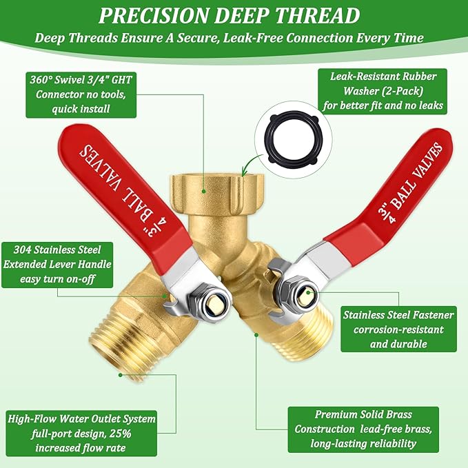 Garden Hose Splitter 2 Way Heavy Duty, Brass Water Hose Splitter with Stainless Steel Long Handle, 3/4 Inch GHT Thread Hose Y Splitter with Shutoff, Faucet Splitter 2 Way with 2 Extra Washers & 1Tape