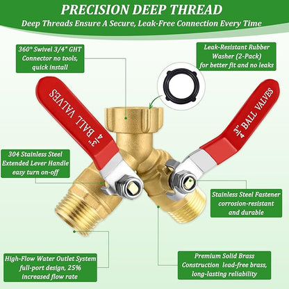 Garden Hose Splitter 2 Way Heavy Duty, Brass Water Hose Splitter with Stainless Steel Long Handle, 3/4 Inch GHT Thread Hose Y Splitter with Shutoff, Faucet Splitter 2 Way with 2 Extra Washers & 1Tape