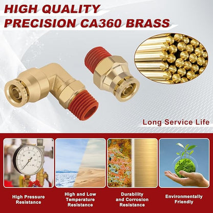 3/8” Quick Push to Connect Fittings Brass Male Straight and Elbow Combination DOT Approved 3/8" Tube OD x 1/4" NPT Thread Air Brake Line Adapter Air Suspension Kit Air Hose Repair Kit 30pcs