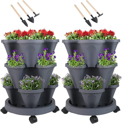 Vertical Planter 3 Tier Stackable Planters Garden Planters Strawberry Herb Flower and Vegetable Planter Indoor Outdoor Gardening Pots with Removable Wheels and Tools