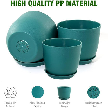 9/8/7.5 inch Flower Pots, 3 Pack Modern Plastic Planters with Drainage Holes and Trays for House Plants, Plant Pots for Indoor Outdoor Plants, Blue Green