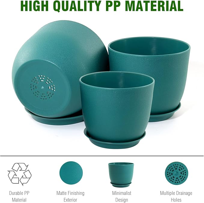 Flower Pots 10/9/8 inch, Set of 3 Modern Decorative Plastic Planters with Drainage Holes and Tray for House Plants Indoor Flowers Plants, Plant Pots for Indoor Outdoor Plants, Blue Green